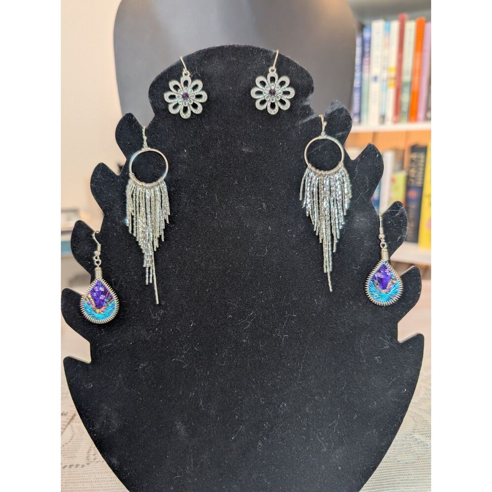 3 Pair Silver Earring Lot - Long Tassel Hoops Hand Woven Fiber Flower Drops